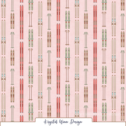 A charming, vintage-inspired ski pattern featuring vertically arranged pairs of skis and coordinating ski poles in shades of coral pink, soft sage green, warm tan, and pale aqua blue. Each pair of skis showcases delicate geometric accents, colorful bindings, and retro detailing, all set against a soft blush pink background with a subtle linen-inspired texture for a playful, nostalgic winter feel.
