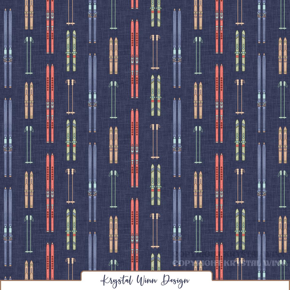 A charming, vintage-inspired ski pattern featuring vertically arranged pairs of skis and coordinating ski poles in shades of coral red, sage green, dusty blue, and warm tan. Each pair of skis features delicate geometric accents, colorful bindings, and retro detailing, all set against a rich navy blue background with a subtle linen-inspired texture for a classic, nostalgic winter feel.