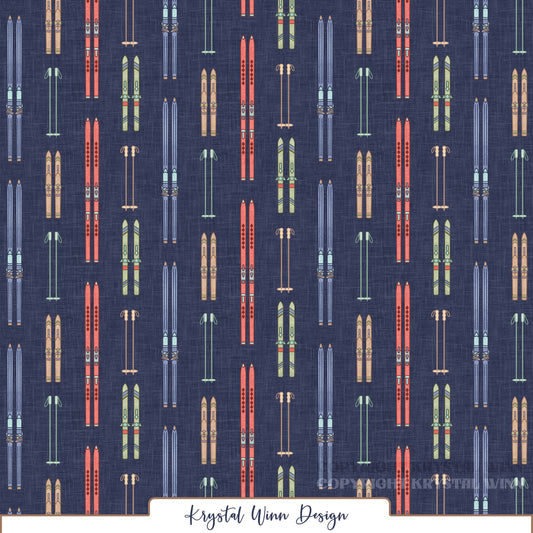 A charming, vintage-inspired ski pattern featuring vertically arranged pairs of skis and coordinating ski poles in shades of coral red, sage green, dusty blue, and warm tan. Each pair of skis features delicate geometric accents, colorful bindings, and retro detailing, all set against a rich navy blue background with a subtle linen-inspired texture for a classic, nostalgic winter feel.