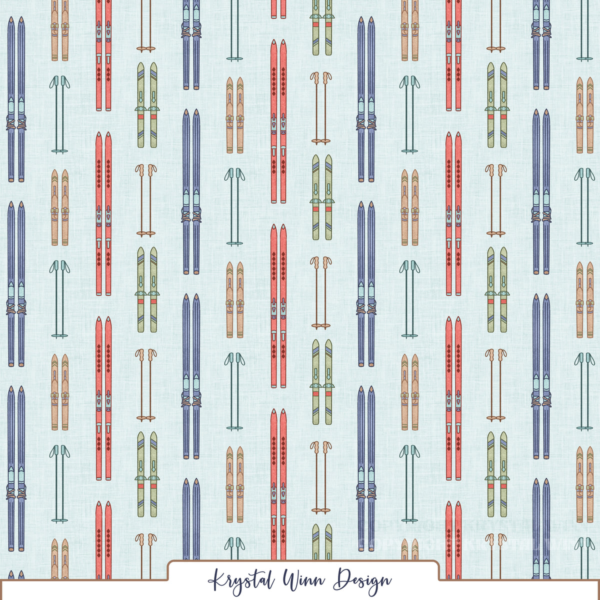 A charming, vintage-inspired ski pattern featuring vertically arranged pairs of skis and coordinating ski poles in shades of dusty blue, coral red, muted sage green, and warm tan. The skis feature delicate geometric details, colorful bindings, and classic retro styling, all set against a soft, pale sky blue background with a subtle linen-inspired texture.