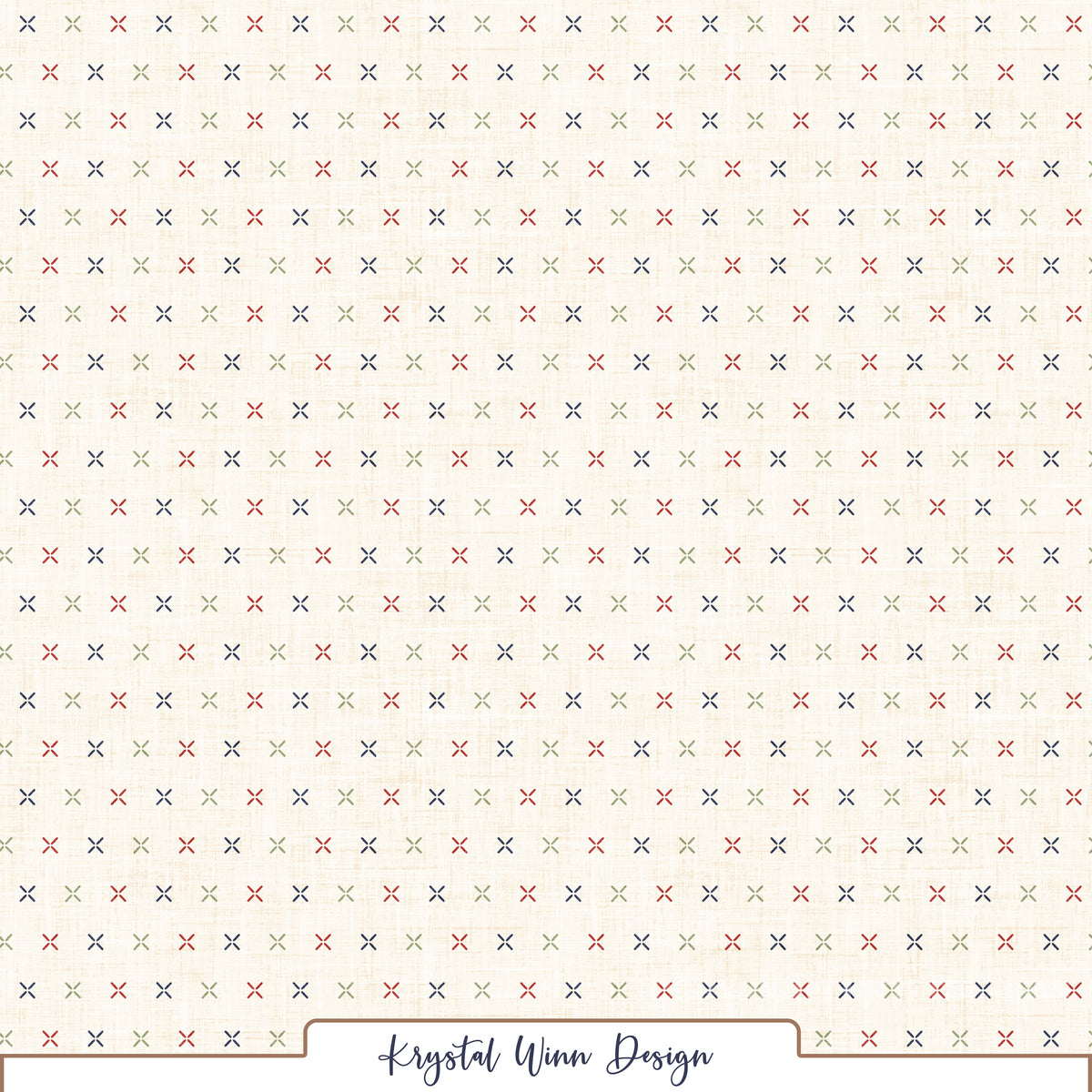 A soft, warm cream background featuring a subtle linen-inspired texture, accented with evenly spaced rows of tiny X-shaped stitches in navy blue, muted sage green, and classic red. The alternating colors and delicate, embroidery-inspired details create a charming, handcrafted appearance with a timeless, vintage-inspired feel.