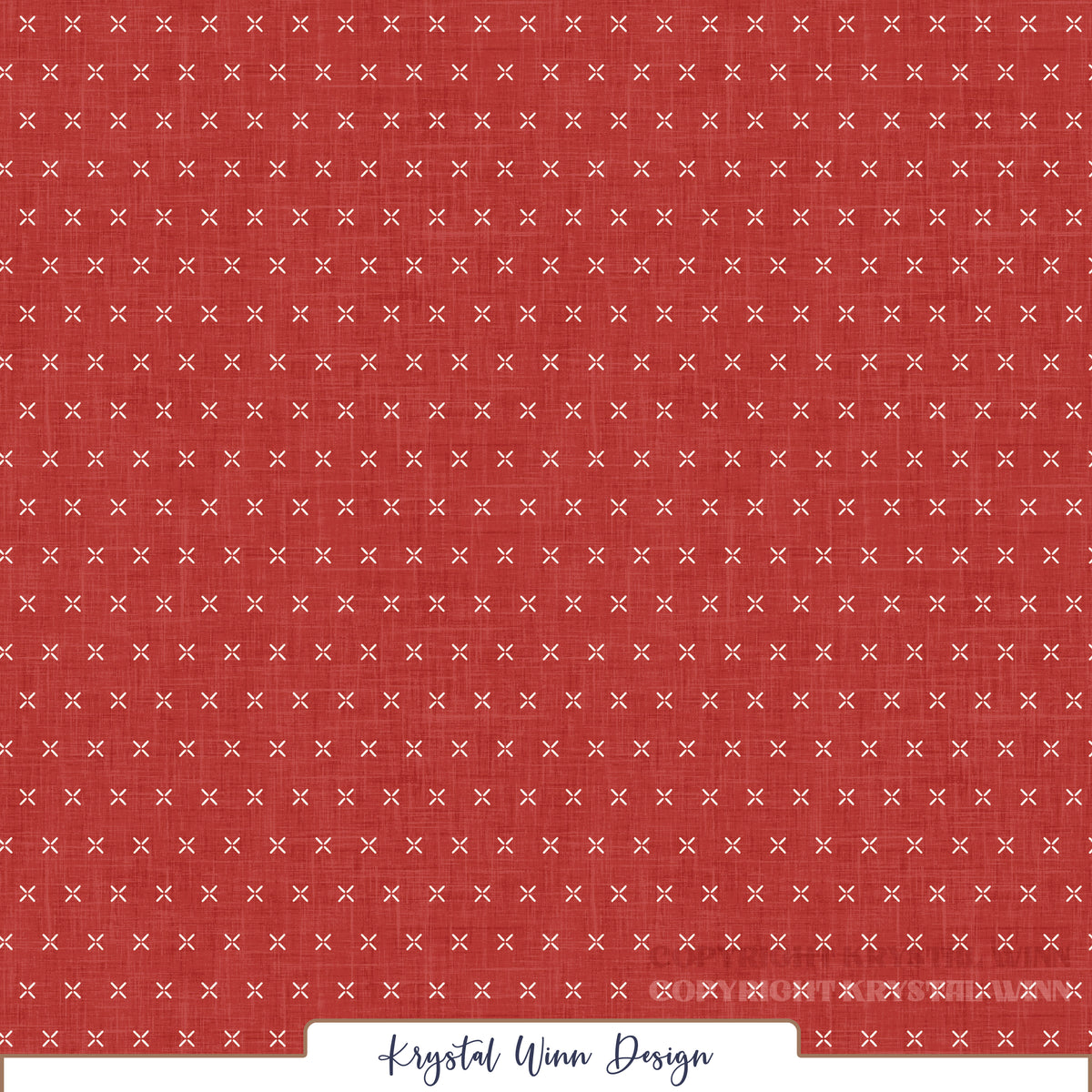 A warm, rich red background featuring a subtle linen-inspired texture, accented with evenly spaced rows of tiny white X-shaped stitches. The delicate, embroidery-inspired details create a charming, handcrafted appearance, adding a classic, rustic feel to this simple coordinating pattern.