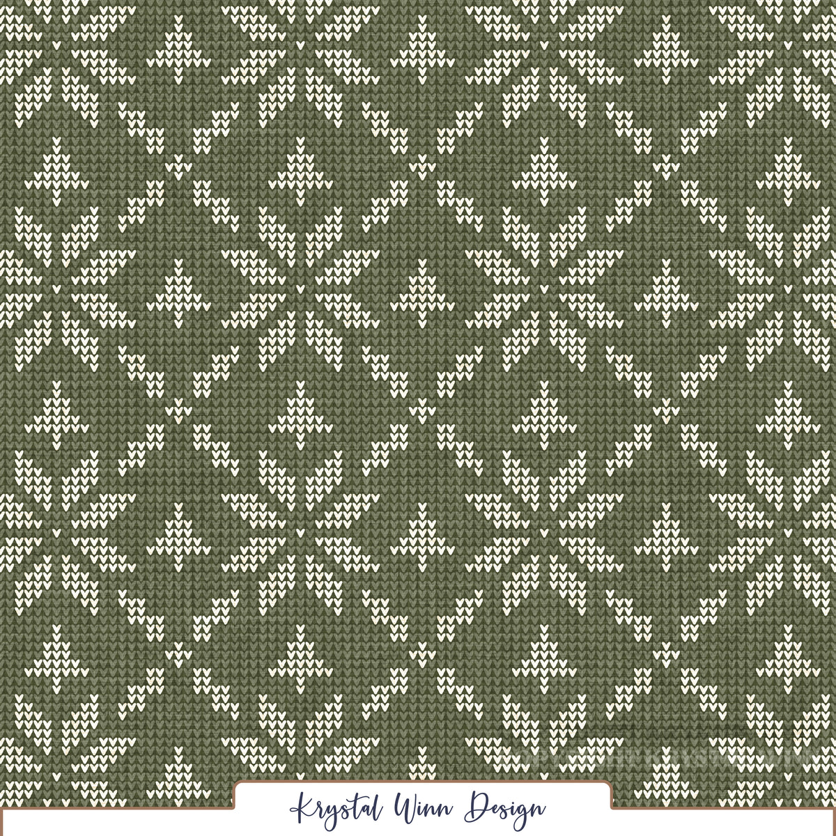 A cozy, vintage-inspired sweater knit pattern featuring repeating geometric snowflakes in soft ivory against a rich, muted evergreen green background. Tiny V-shaped stitches create a realistic knitted texture, while the intricate Fair Isle-inspired snowflakes give the design a classic, nostalgic winter feel.