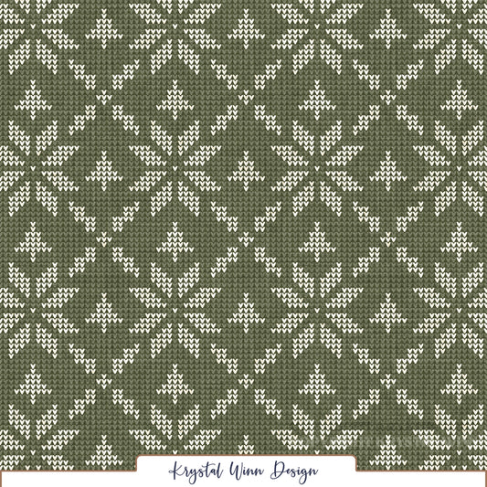 A cozy, vintage-inspired sweater knit pattern featuring repeating geometric snowflakes in soft ivory against a rich, muted evergreen green background. Tiny V-shaped stitches create a realistic knitted texture, while the intricate Fair Isle-inspired snowflakes give the design a classic, nostalgic winter feel.
