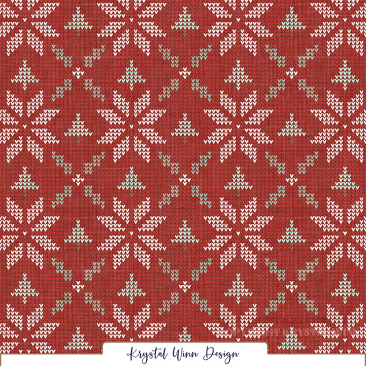 A cozy, vintage-inspired sweater knit pattern featuring repeating geometric snowflakes in soft pink and mint green against a rich, festive red background. Tiny V-shaped stitches create a realistic knitted texture, while the intricate Fair Isle-inspired snowflakes give the design a charming, nostalgic winter feel.