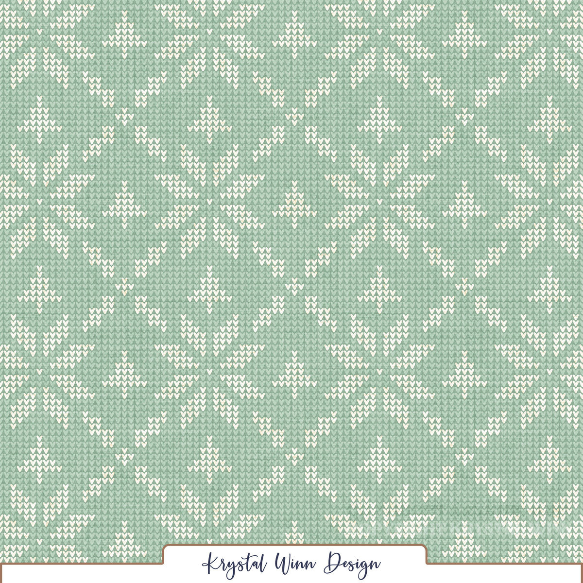 A cozy, vintage-inspired sweater knit pattern featuring repeating geometric snowflakes in soft ivory against a delicate mint green background. Tiny V-shaped stitches create a realistic knitted texture, while the intricate Fair Isle-inspired snowflake motifs give the design a charming, nostalgic winter feel.