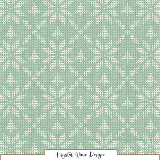 A cozy, vintage-inspired sweater knit pattern featuring repeating geometric snowflakes in soft ivory against a delicate mint green background. Tiny V-shaped stitches create a realistic knitted texture, while the intricate Fair Isle-inspired snowflake motifs give the design a charming, nostalgic winter feel.