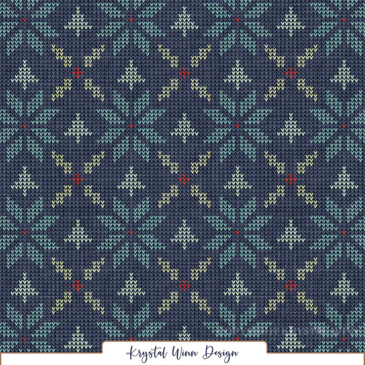 A cozy, vintage-inspired sweater knit pattern featuring repeating geometric snowflake motifs in shades of soft aqua blue, mint green, pale yellow, and small pops of coral red. Set against a rich navy blue background, tiny V-shaped stitches create a realistic knitted texture, while the colorful Fair Isle-inspired details give the design a charming, nostalgic winter feel.