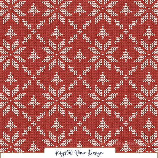 A cozy, vintage-inspired sweater knit pattern featuring repeating white geometric snowflake motifs arranged across a rich, warm red background. Tiny V-shaped stitches in varying shades of red create a realistic knitted texture, while the crisp white details add contrast and a classic Fair Isle-inspired winter feel.