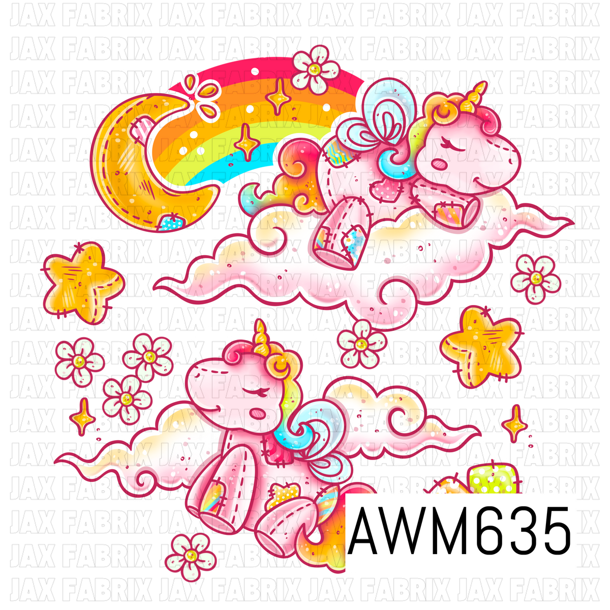 A whimsical PNG design featuring two patchwork-style unicorns resting on fluffy clouds, surrounded by golden moons, stars, tiny flowers and sparkling accents. Bright rainbow details, aqua, pink, orange and yellow create a playful dreamy look.