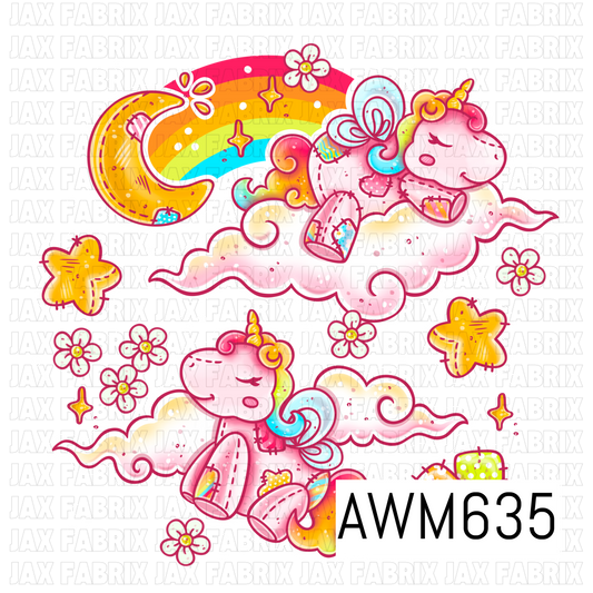 A whimsical PNG design featuring two patchwork-style unicorns resting on fluffy clouds, surrounded by golden moons, stars, tiny flowers and sparkling accents. Bright rainbow details, aqua, pink, orange and yellow create a playful dreamy look.