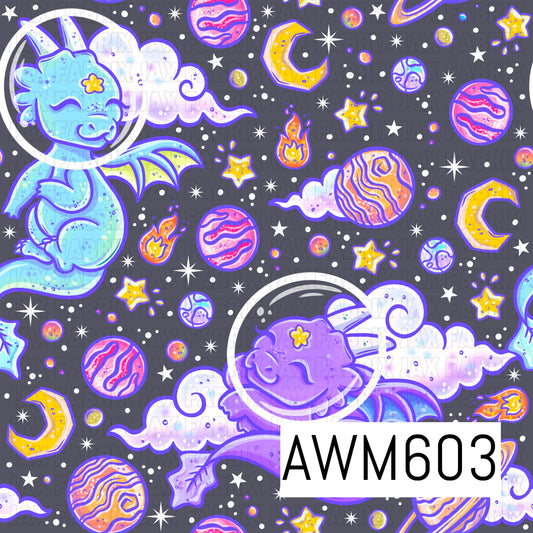 A whimsical space-themed seamless design featuring adorable dragons in astronaut helmets surrounded by colorful planets, crescent moons, shooting meteors, stars and dreamy clouds on a dark charcoal background.
Perfect for fabric, children’s clothing, pajamas, bows, blankets, bags and other colorful fantasy or space-themed projects.