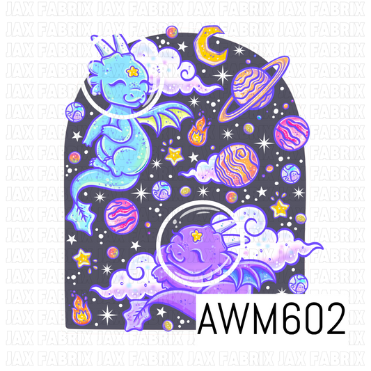 A dreamy space-themed PNG featuring two adorable dragons in astronaut helmets floating among colorful planets, crescent moons, stars, meteors and fluffy clouds. Bright shades of aqua, purple, pink, orange and yellow pop against the dark background.
Perfect for shirt designs, fabric panels, bags, blankets, pillows and other fun fantasy or space-themed projects.