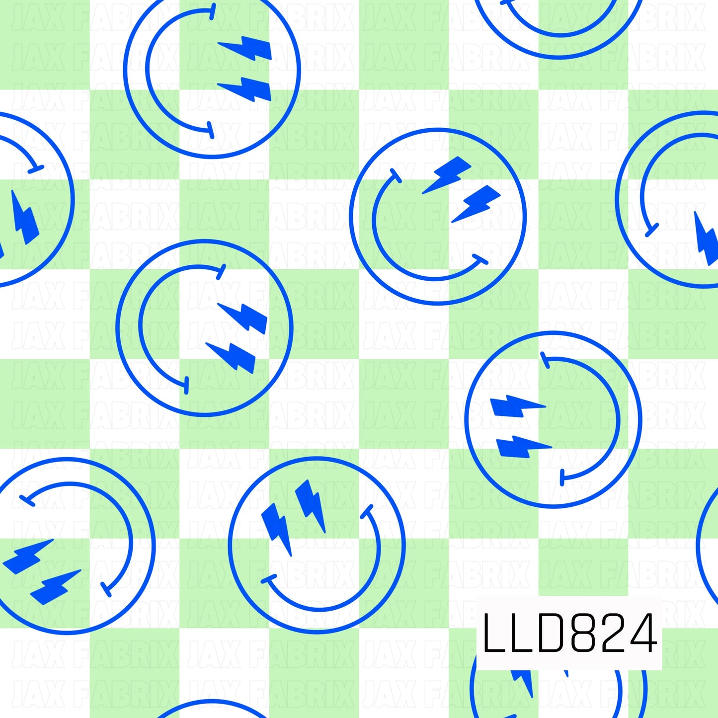 A bright green and white buffalo check background featuring scattered blue smiley face outlines with lightning bolt eyes. The playful design combines bold electric blue accents with a fresh checkered pattern for a fun, energetic look.
