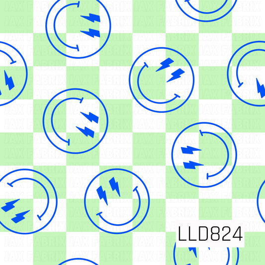 A bright green and white buffalo check background featuring scattered blue smiley face outlines with lightning bolt eyes. The playful design combines bold electric blue accents with a fresh checkered pattern for a fun, energetic look.
