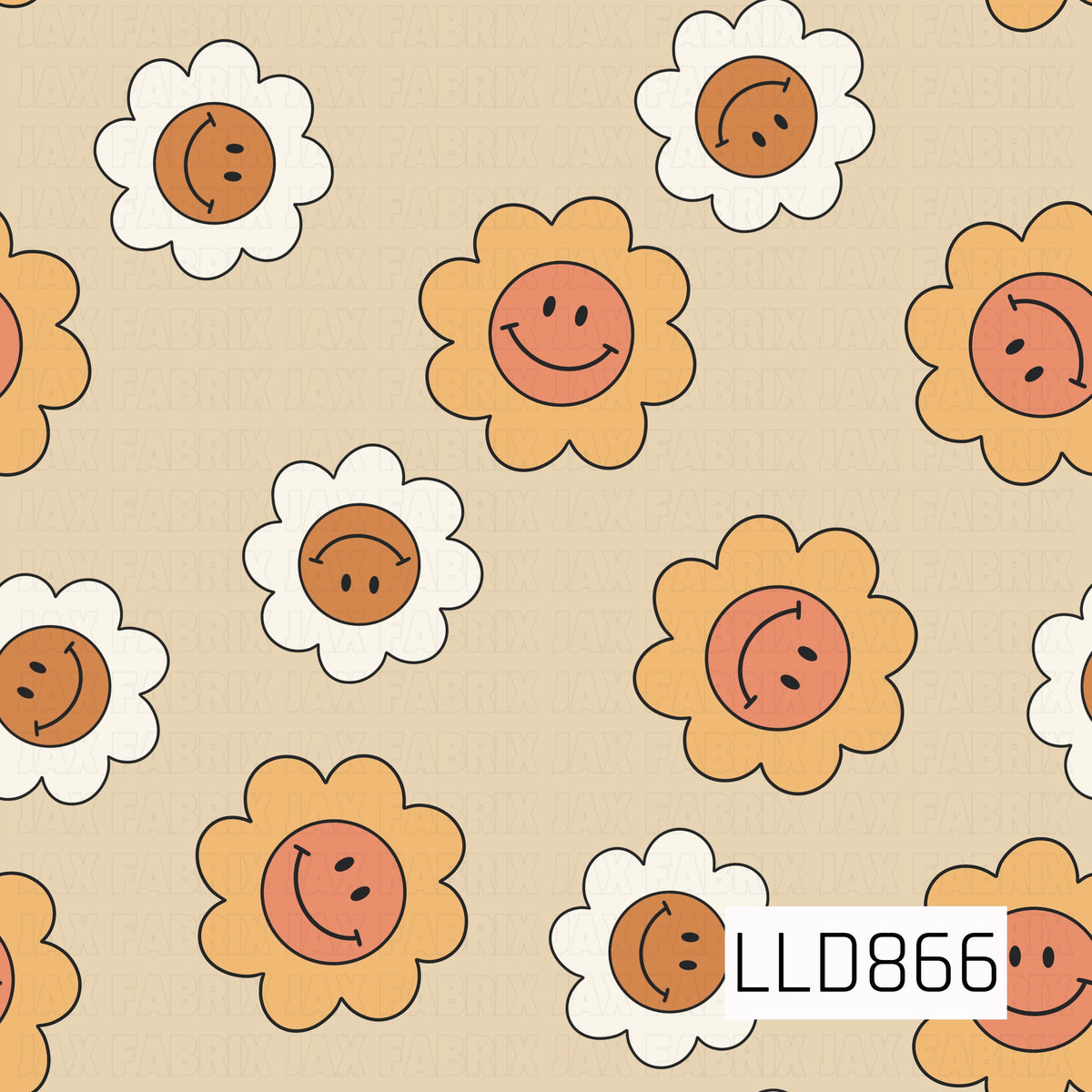 A playful retro floral design featuring cheerful smiley faces nestled inside simple daisy-shaped flowers. Warm shades of orange, coral, golden yellow, and cream pop against a soft beige background, giving the pattern a fun, groovy 70s-inspired feel.
