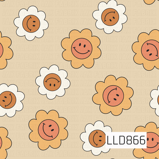 A playful retro floral design featuring cheerful smiley faces nestled inside simple daisy-shaped flowers. Warm shades of orange, coral, golden yellow, and cream pop against a soft beige background, giving the pattern a fun, groovy 70s-inspired feel.
