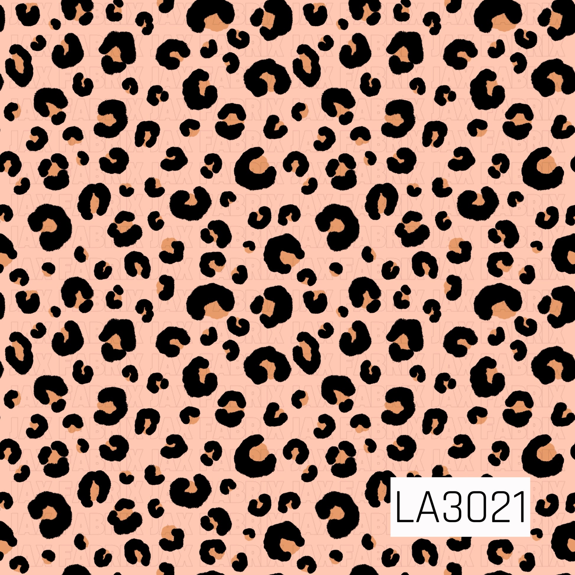 A soft peach background covered in bold black leopard spots with warm tan centers for a fun, playful look.
