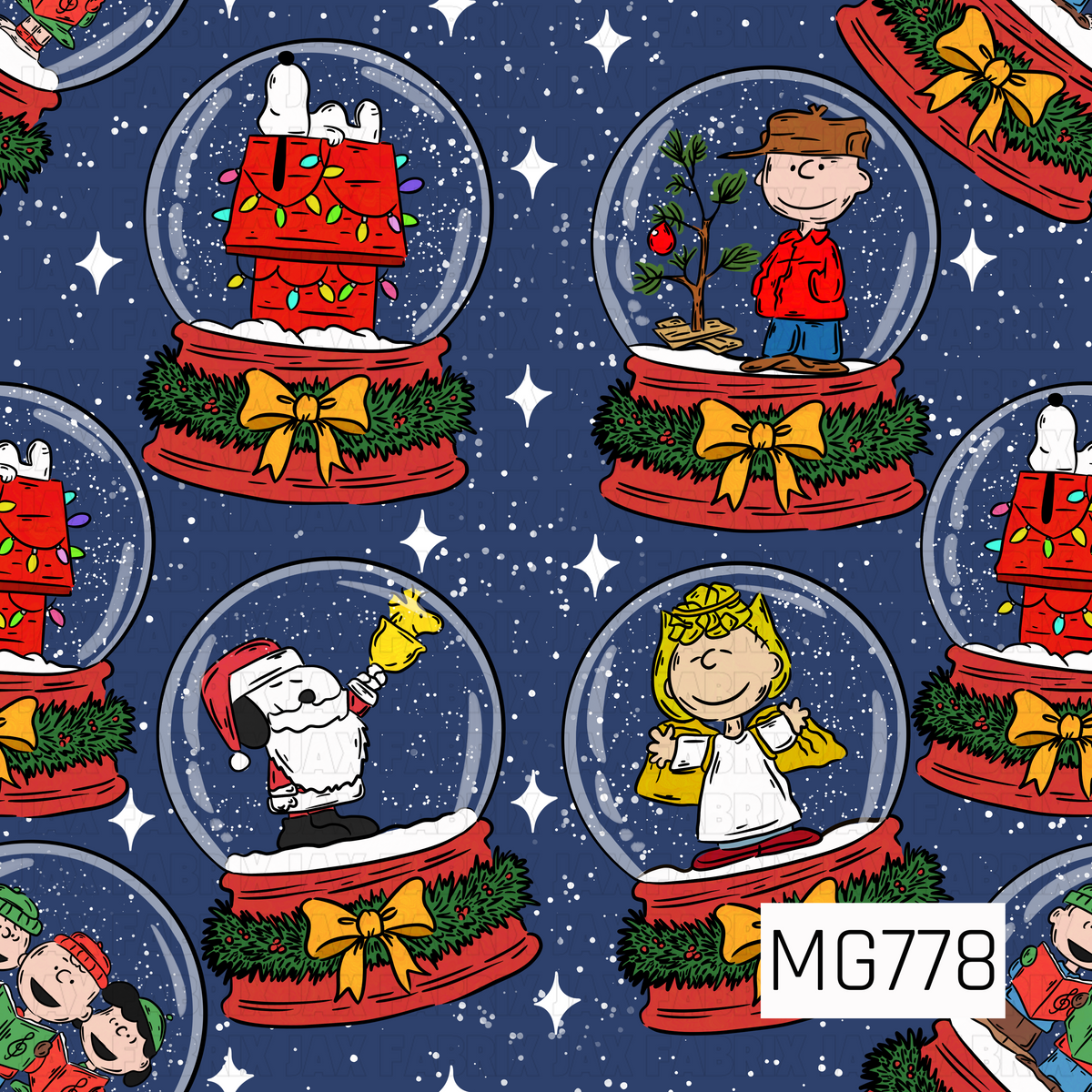 A nostalgic Peanuts Christmas pattern featuring Snoopy and friends inside festive snow globes. The design includes Snoopy's decorated red doghouse, Charlie Brown beside his little Christmas tree, Snoopy dressed as Santa holding Woodstock, and a sweet Christmas angel. Each snow globe has a red base adorned with green garland, red berries, and golden bows. White snowflakes, scattered dots, and sparkling stars decorate the solid navy blue background.