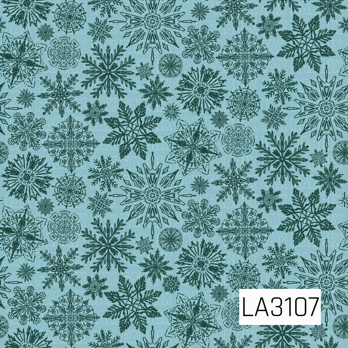A winter snowflake pattern featuring an assortment of intricate, hand-drawn snowflakes in deep forest green against a soft icy blue background. The mix of ornate shapes and varying sizes creates a cool, earthy winter look.

