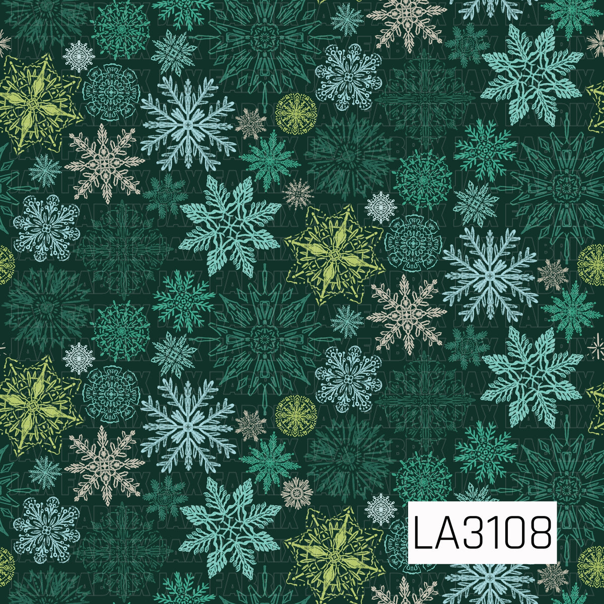 A rich winter snowflake pattern featuring an assortment of intricate, hand-drawn snowflakes in teal, icy blue, cream, lime green, and deep green against a dark forest green background. The varied colors, shapes, and sizes create a bold, layered winter look.
