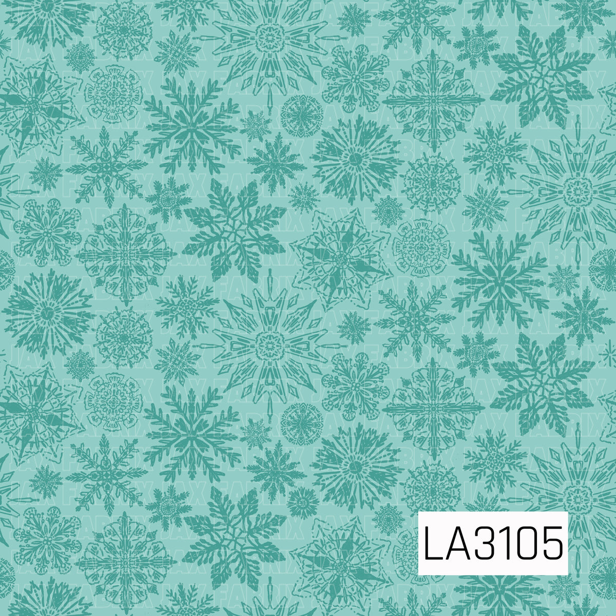 A tonal winter snowflake pattern featuring an assortment of intricate, hand-drawn snowflakes in deep teal layered over a soft mint green background. The varied snowflake shapes and sizes create a subtle, monochromatic winter look.
