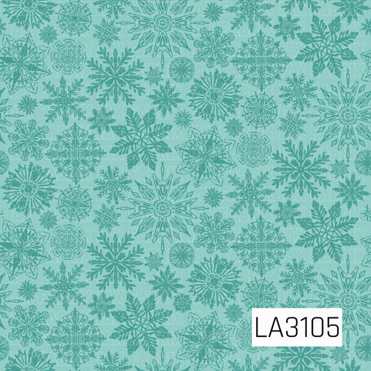 A tonal winter snowflake pattern featuring an assortment of intricate, hand-drawn snowflakes in deep teal layered over a soft mint green background. The varied snowflake shapes and sizes create a subtle, monochromatic winter look.
