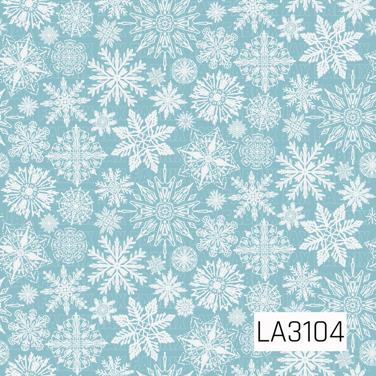 A delicate winter snowflake pattern featuring an assortment of intricate white snowflakes scattered across a soft icy blue background. The mix of large statement snowflakes and smaller detailed accents creates a light, frosty winter feel.
