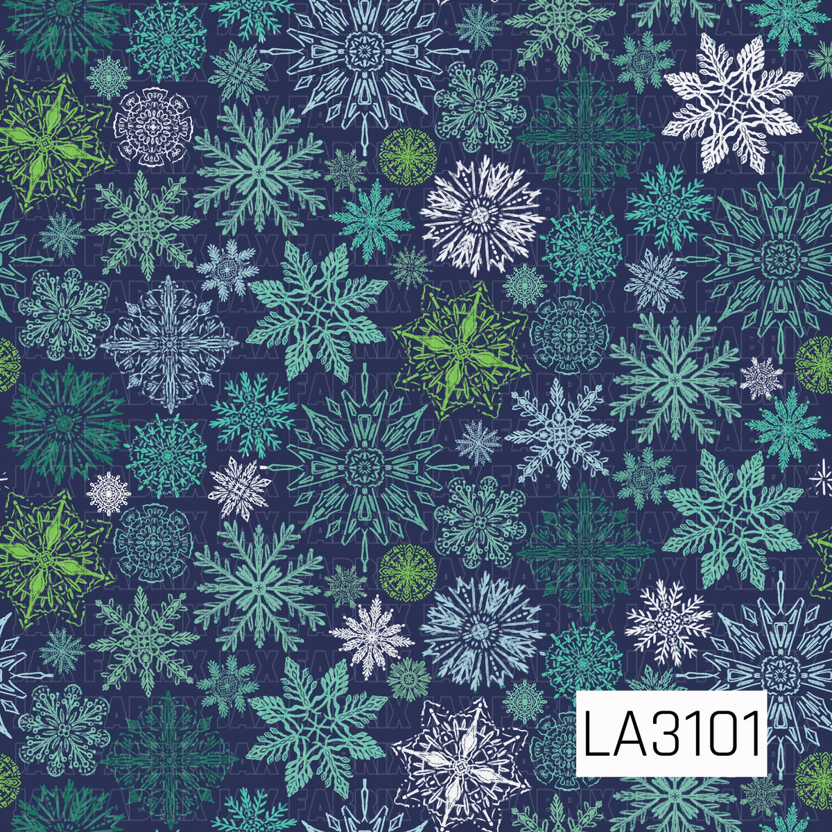 A winter snowflake pattern featuring an assortment of intricate, hand-drawn snowflakes in shades of teal, mint, icy blue, green, and white. The varied snowflake shapes and sizes are scattered across a deep navy blue background for a bold, frosty winter look.
