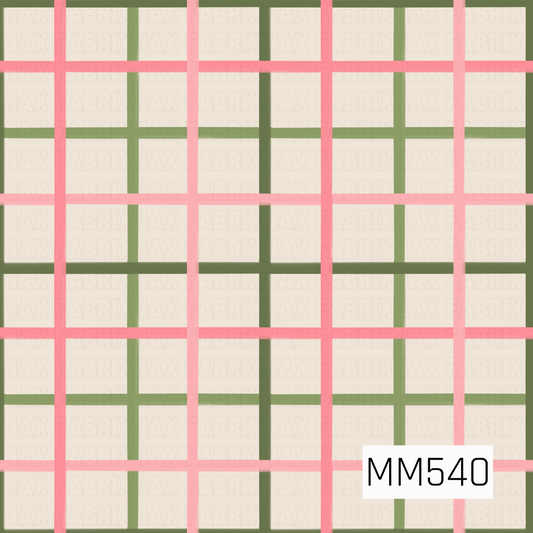 A soft and charming plaid pattern featuring a warm ivory background with intersecting horizontal and vertical stripes in sweet bubblegum pink, soft blush, sage green, and muted olive green. The evenly spaced stripes create a classic windowpane-style check with varying line thicknesses and subtle overlapping colors. The combination of delicate pinks and earthy greens gives this timeless plaid a fresh, feminine, vintage-inspired feel.