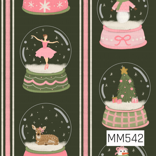 A charming Christmas snow globe pattern featuring a graceful ballerina in a pink tutu, cozy snowmen, decorated Christmas trees with pink ornaments and presents, and sweet reindeer with pink bows. Each globe features delicate snowflakes and decorative bases with soft pink, sage green, scalloped, and plaid accents. Set against a deep forest green background with vertical pink and cream stripes for a whimsical, vintage-inspired holiday look.