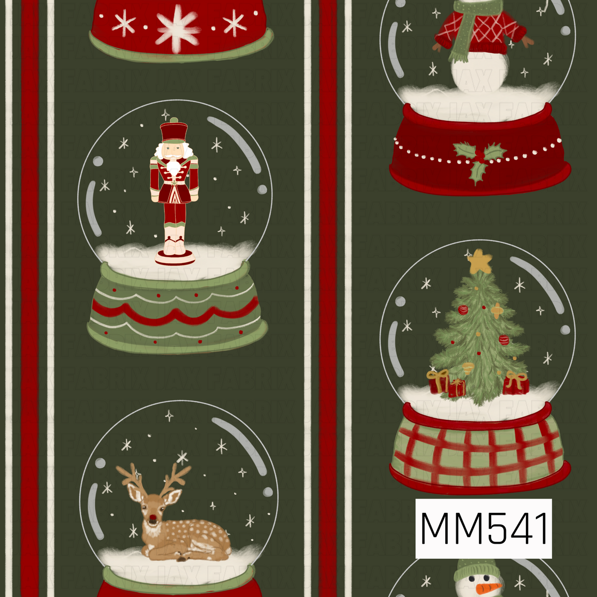 A charming Christmas snow globe pattern featuring festive nutcrackers, cozy snowmen, decorated Christmas trees, and sweet reindeer surrounded by delicate snowflakes. Each globe sits on a decorative base with classic holiday details, including plaid, holly, and scalloped accents in rich reds and soft greens. Set against a deep forest green background with vertical red, cream, and green stripes for a cozy, vintage-inspired holiday look.