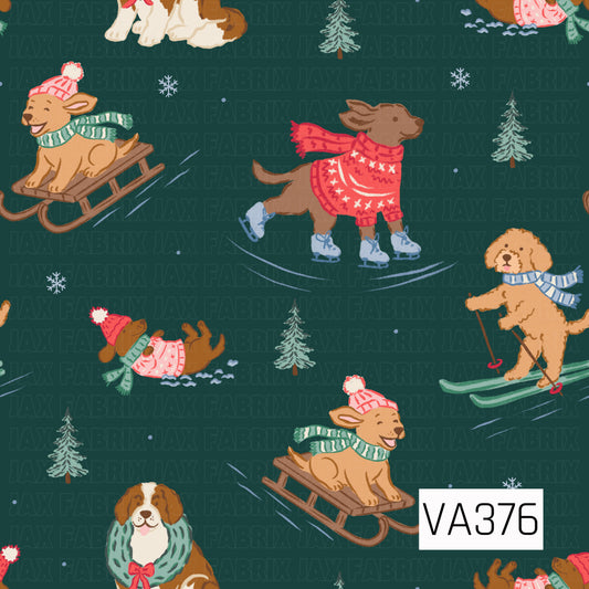 A playful winter print featuring adorable pups enjoying a snowy day! Dogs are bundled up in cozy sweaters, scarves, and pom-pom hats while ice skating, skiing, sledding, and playing in the snow. Scattered snowflakes and evergreen trees complete the scene against a deep blue-green background for a cozy, whimsical winter feel.
