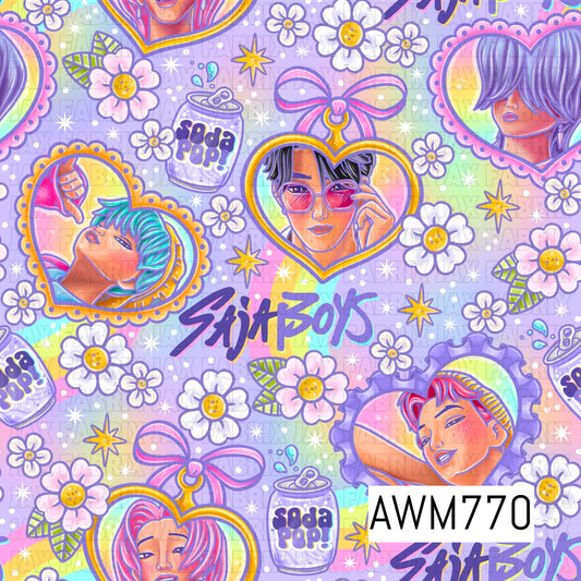 A vibrant seamless pattern featuring stylized idol portraits, pastel rainbows, daisies, bows, soda cans, stars, and playful graphic accents in soft lavender, pink, blue, and yellow tones. Perfect for custom fabric, faux leather, apparel, bags, accessories, blankets, and other fandom-inspired handmade creations.