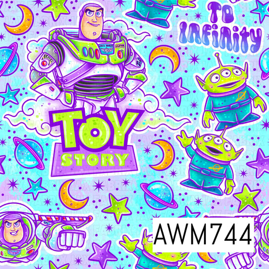 This playful seamless pattern features space-themed toy characters, smiling green aliens, planets, crescent moons, stars, and whimsical clouds on a light aqua background. Bright shades of lime green, teal, purple, blue, and yellow create a fun, galactic-inspired aesthetic with colorful cartoon details.