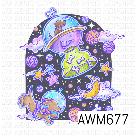 A whimsical space-themed PNG featuring astronaut dogs, colorful planets, flying saucers filled with bones, crescent moons, clouds, stars, and scattered dog bones. Soft aqua, lavender, pink, lime, yellow, and tan tones pop against a dark charcoal gray background.