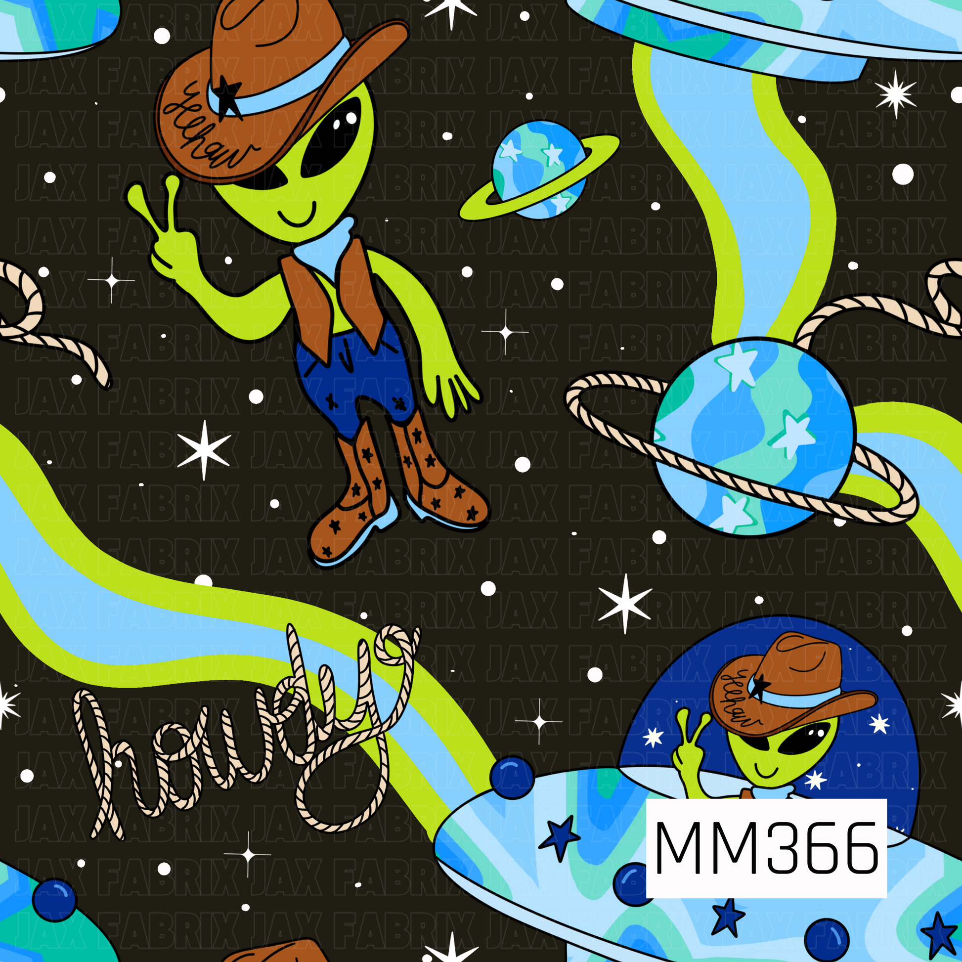 A playful space western seamless pattern featuring bright green aliens dressed as cowboys, colorful UFOs, ringed planets, stars, and rope details. Pops of electric blue, lime green, turquoise, and warm brown stand out against the black background for a fun cosmic cowboy vibe.
