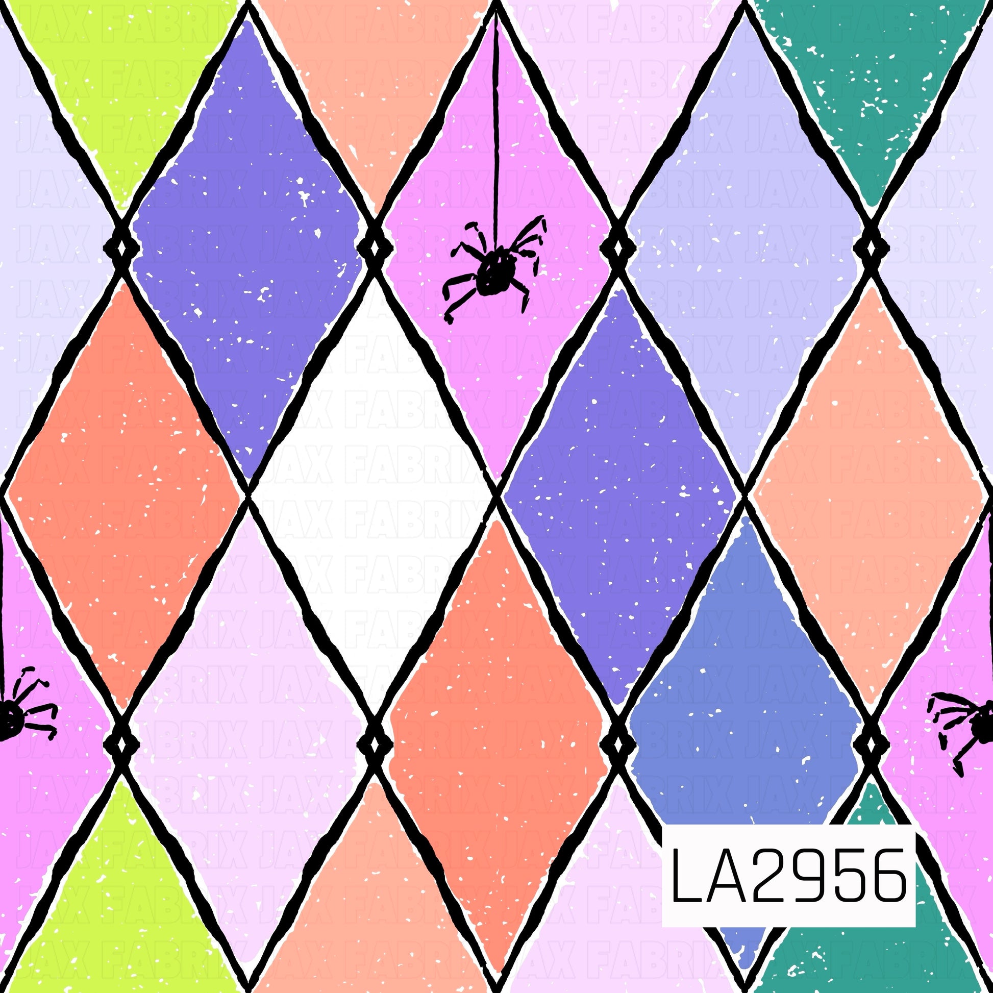 A playful geometric seamless pattern featuring colorful harlequin diamonds in lavender, purple, coral, teal, lime, and white, accented with subtle distressed texture. Tiny black spiders are tucked throughout the design, adding a whimsical Halloween touch to this bold and modern pattern.
