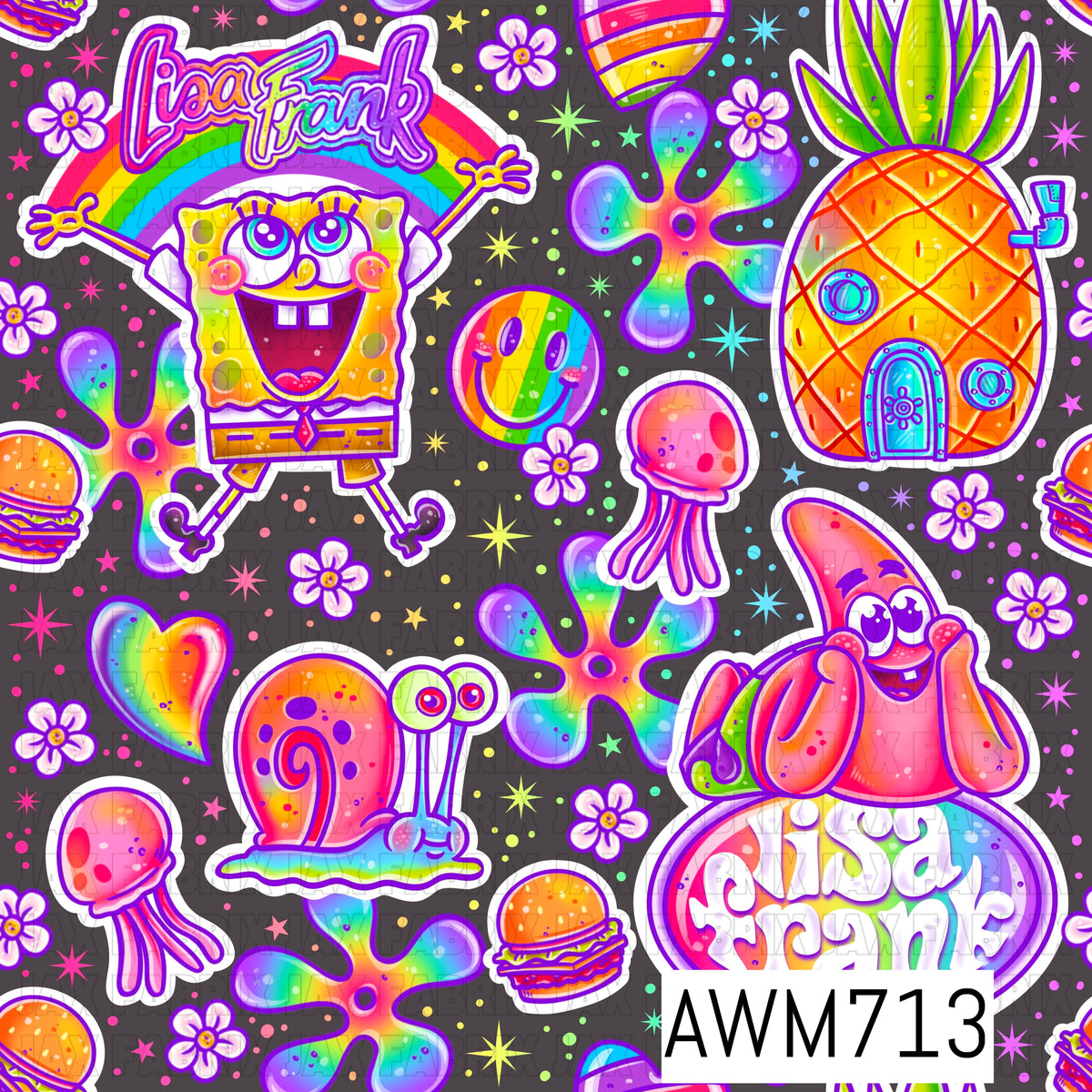Retro Rainbow Sea Friends Seamless Pattern featuring Sponge -inspired friends, a pineapple house, jellyfish, Gary the snail, Patrick, smiley faces, rainbows, flowers, burgers, and colorful underwater accents on a dark background. This vibrant nostalgic design is perfect for fabric, bows, apparel, tumblers, backpacks, and fun cartoon-inspired craft projects.