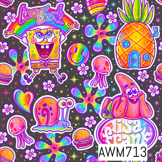 Retro Rainbow Sea Friends Seamless Pattern featuring Sponge -inspired friends, a pineapple house, jellyfish, Gary the snail, Patrick, smiley faces, rainbows, flowers, burgers, and colorful underwater accents on a dark background. This vibrant nostalgic design is perfect for fabric, bows, apparel, tumblers, backpacks, and fun cartoon-inspired craft projects.