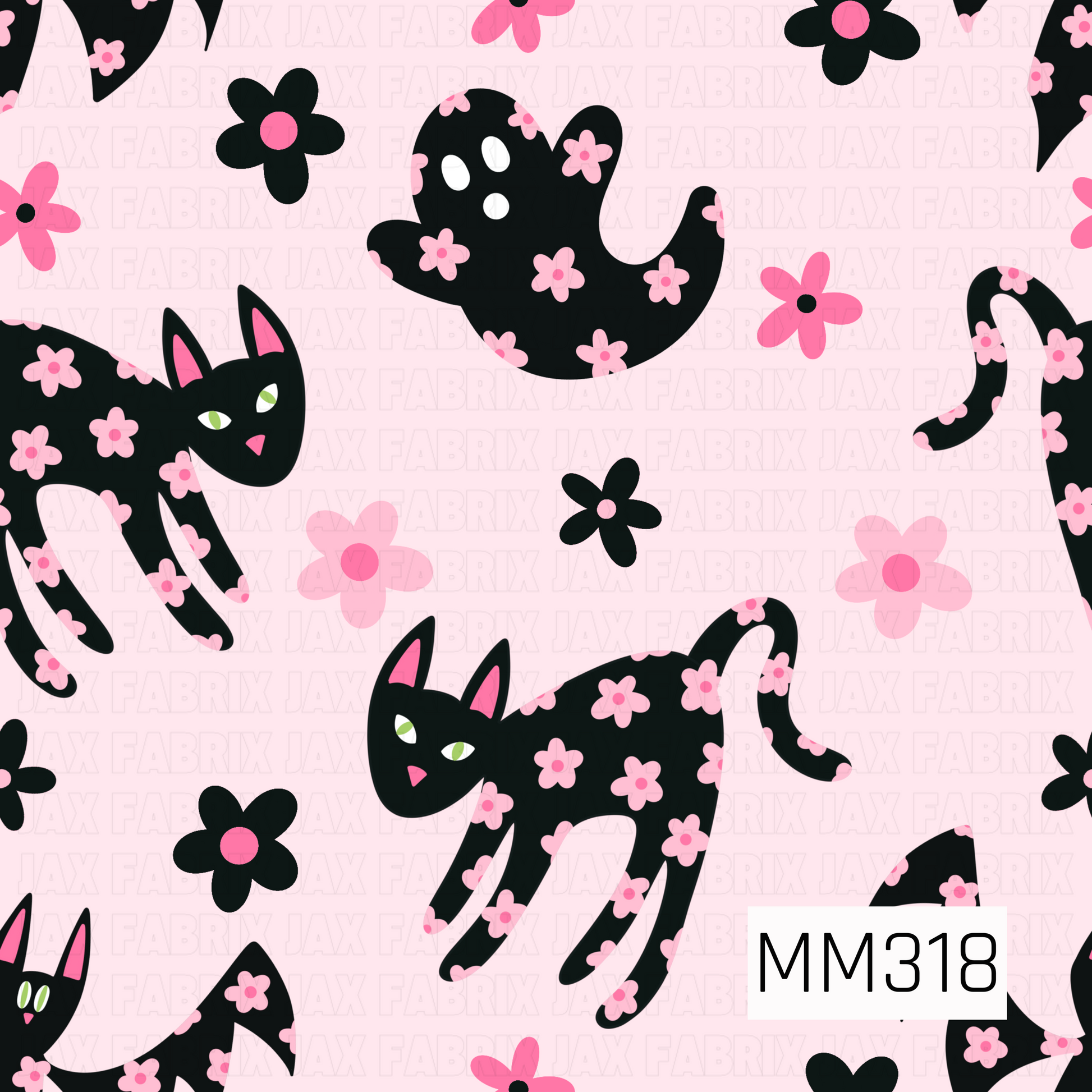 A charming seamless pattern featuring black cats and playful ghosts adorned with tiny pink flowers, scattered across a soft blush pink background with coordinating floral accents. This sweet spooky design blends Halloween charm with a cute, whimsical aesthetic, perfect for adding a fun and feminine touch to the season.
