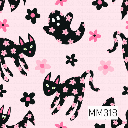 A charming seamless pattern featuring black cats and playful ghosts adorned with tiny pink flowers, scattered across a soft blush pink background with coordinating floral accents. This sweet spooky design blends Halloween charm with a cute, whimsical aesthetic, perfect for adding a fun and feminine touch to the season.
