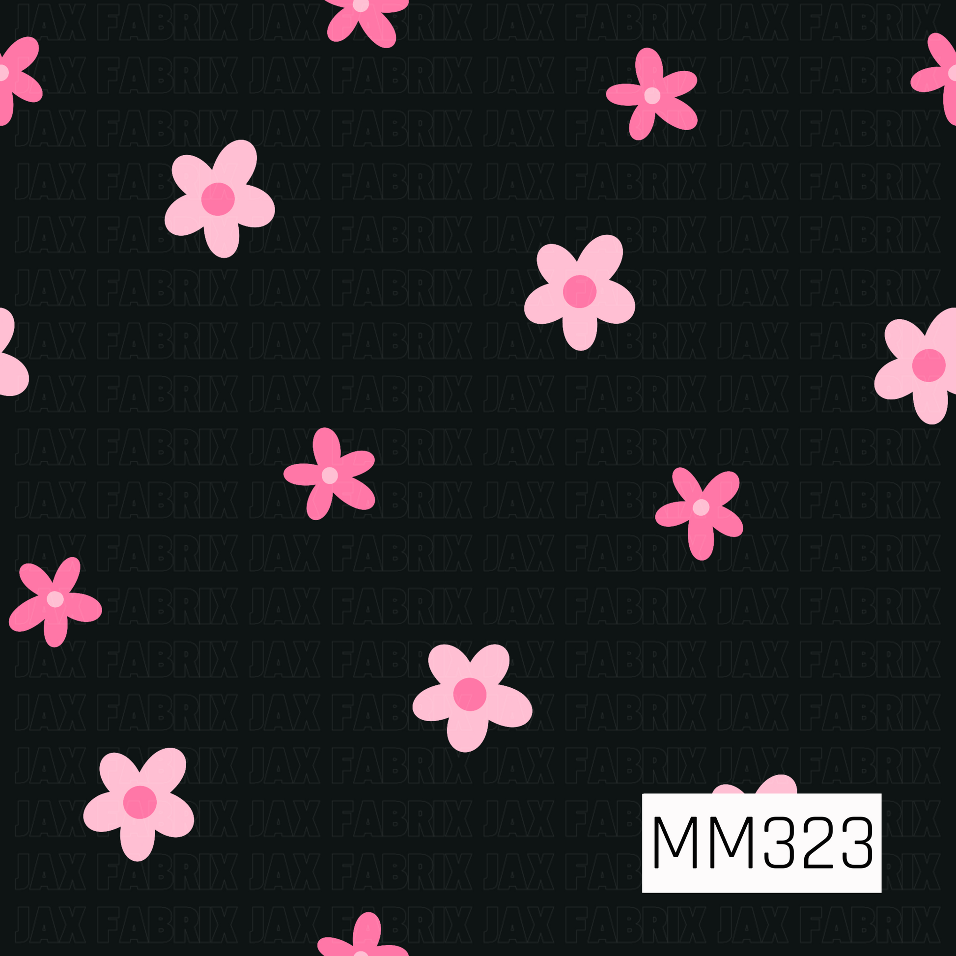 A simple seamless coordinating pattern featuring scattered pink daisies in two shades across a solid black background. The bold contrast creates a playful yet spooky aesthetic, making it a perfect blender print for Halloween, spooky cute, gothic floral, and year-round whimsical collections.
