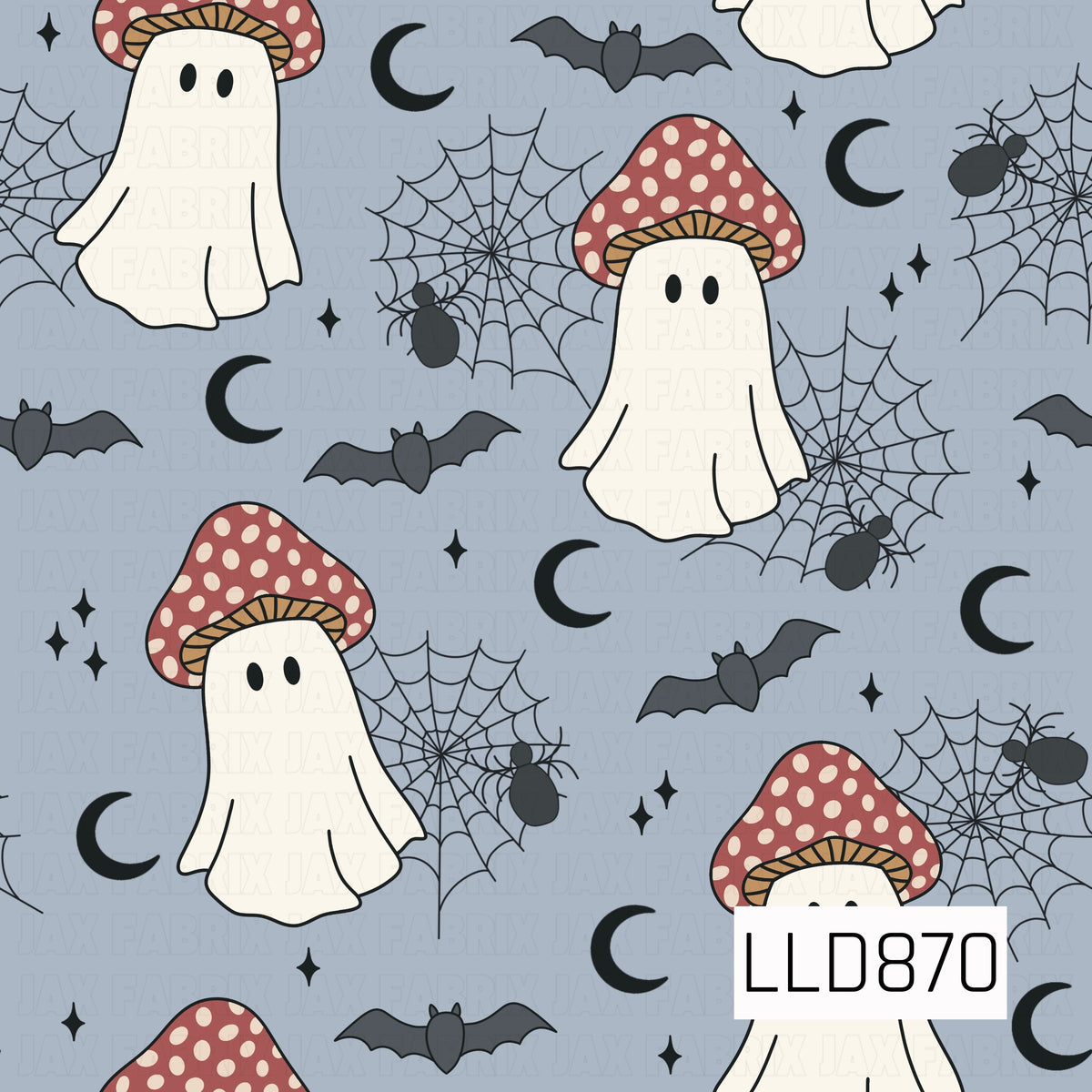 A playful spooky pattern featuring ghostly figures wearing red polka dot mushroom caps, surrounded by spiderwebs, spiders, flying bats, crescent moons, and tiny stars. A muted blue background paired with cream, rust red, tan, and charcoal gives the design a fun vintage Halloween feel.
