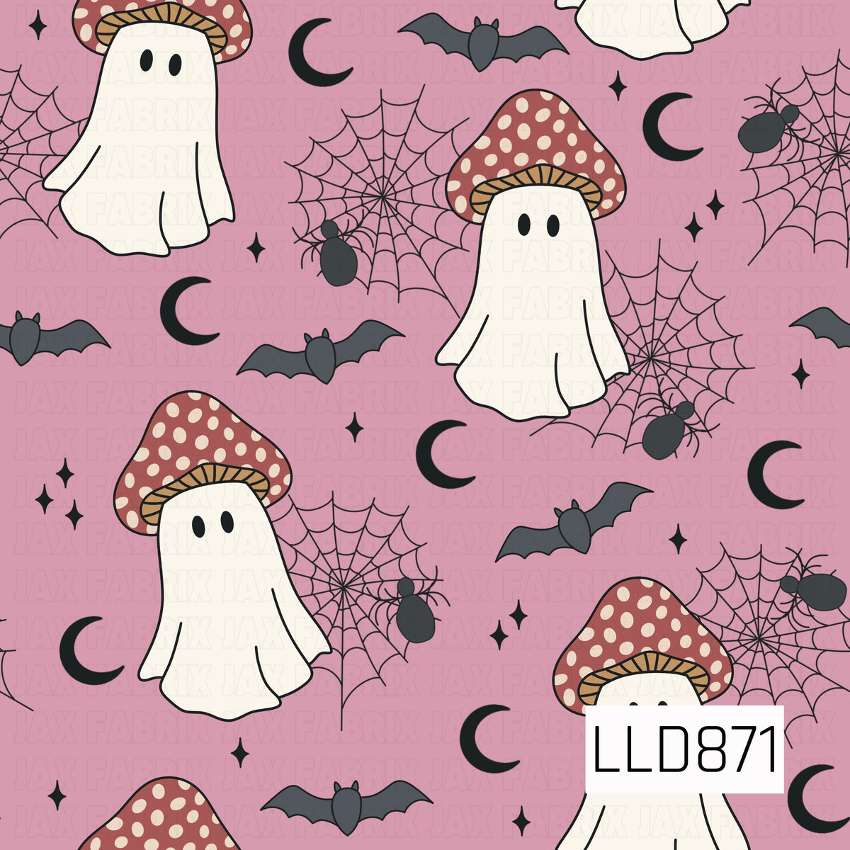 A whimsical spooky pattern featuring adorable ghost figures topped with red polka dot mushroom caps. Black bats, crescent moons, spiderwebs, spiders, and scattered stars fill the dusty pink background, creating a playful Halloween design with a cute woodland twist.

