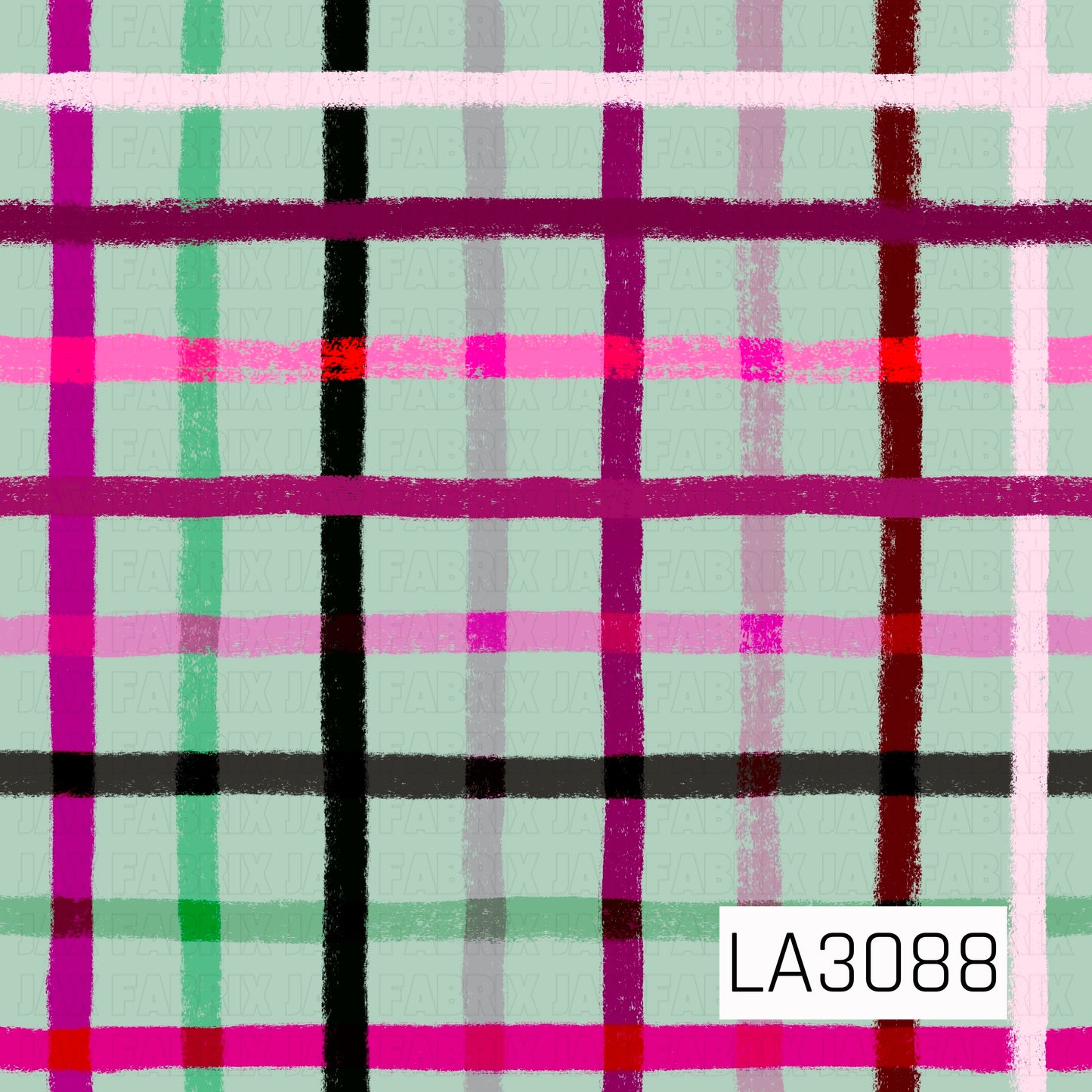 A bold hand-painted plaid featuring a soft mint green background layered with brushstroke stripes in hot pink, berry, blush, emerald green, black, and deep red. The textured, slightly imperfect lines give the design a playful modern feel with a bright and unexpected color palette.
