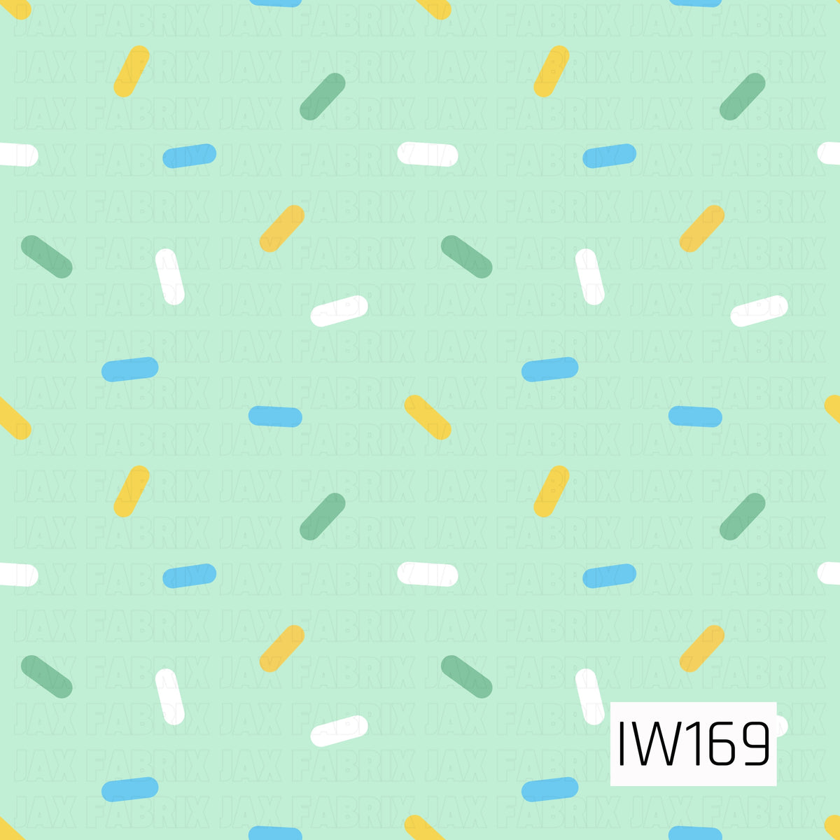 A playful sprinkle pattern featuring scattered rounded dashes in cheerful shades of yellow, blue, green, and white against a soft pastel mint green background. The sprinkles are arranged at varying angles, creating a fun, colorful, and whimsical design.