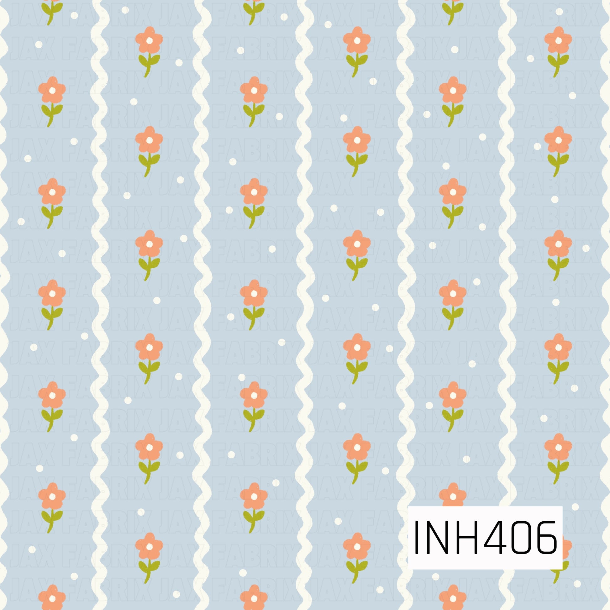 A playful pale-blue pattern featuring vertical ivory wavy stripes, scattered coral flowers with green stems, and tiny white dots.
