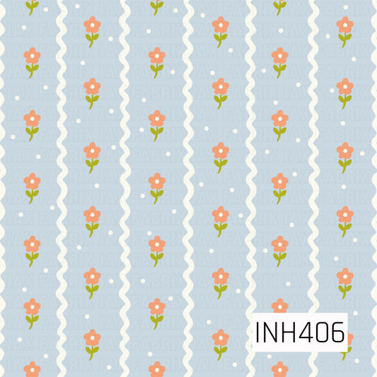A playful pale-blue pattern featuring vertical ivory wavy stripes, scattered coral flowers with green stems, and tiny white dots.
