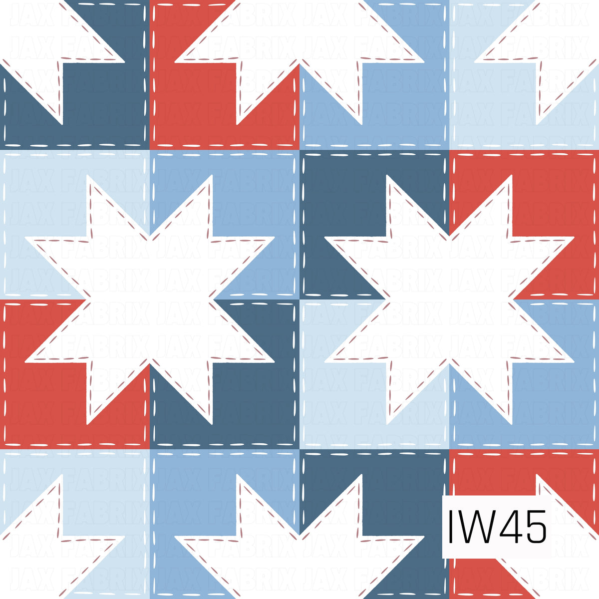 A charming patriotic patchwork pattern featuring bold eight-point stars in white, surrounded by geometric quilt blocks in shades of red, navy, and light blue. Delicate dashed stitching outlines the stars and squares, creating a cozy, handmade quilt-inspired design with a classic Americana feel.